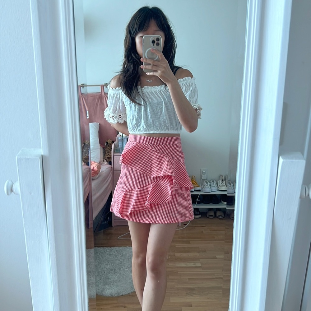 NWT LF red gingham 3D ruffle mini pencil skirt